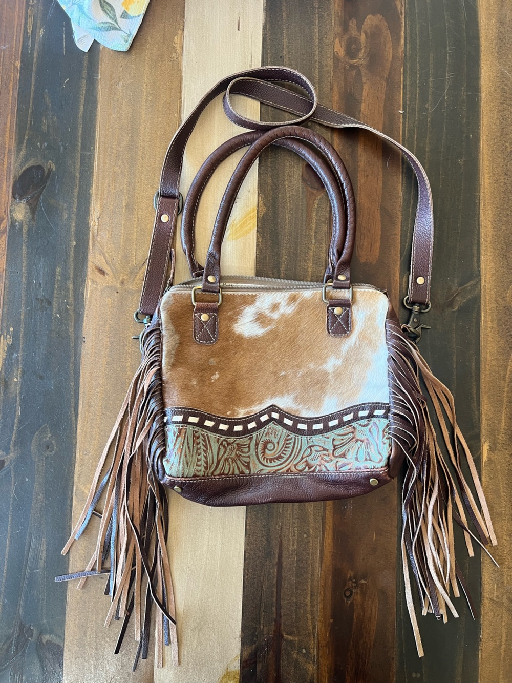 Myra Bag Brown, White and Tan Leather Fringe Shoulder Bag